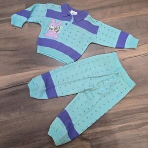 Vintage Kids Girls Toddler Easter Bunny Sweater Blue Purple Knit Outfit 12 Mo